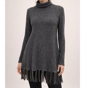 Neiman Marcus 100% Cashmere Fringe Hem Turtleneck Sweater | Gray | Women’s Small